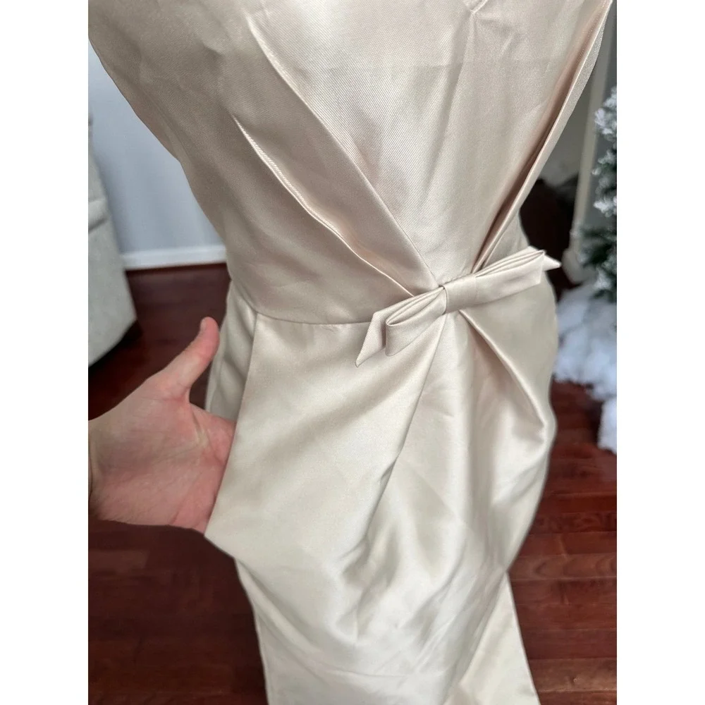 Alfred Sung Beige Champagne Satin Plunge Gown Dress with Pockets Size 8 - Picture 7 of 11
